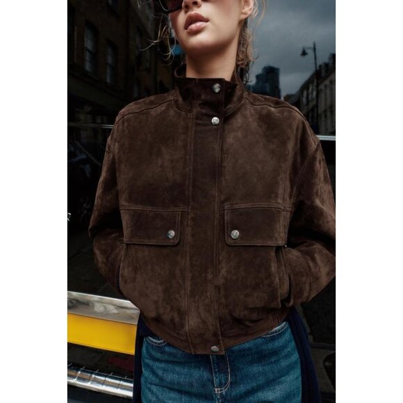 ZARA SUEDE LEATHER BOMBER JACKET WITH POCKETS - Picture 6 of 12